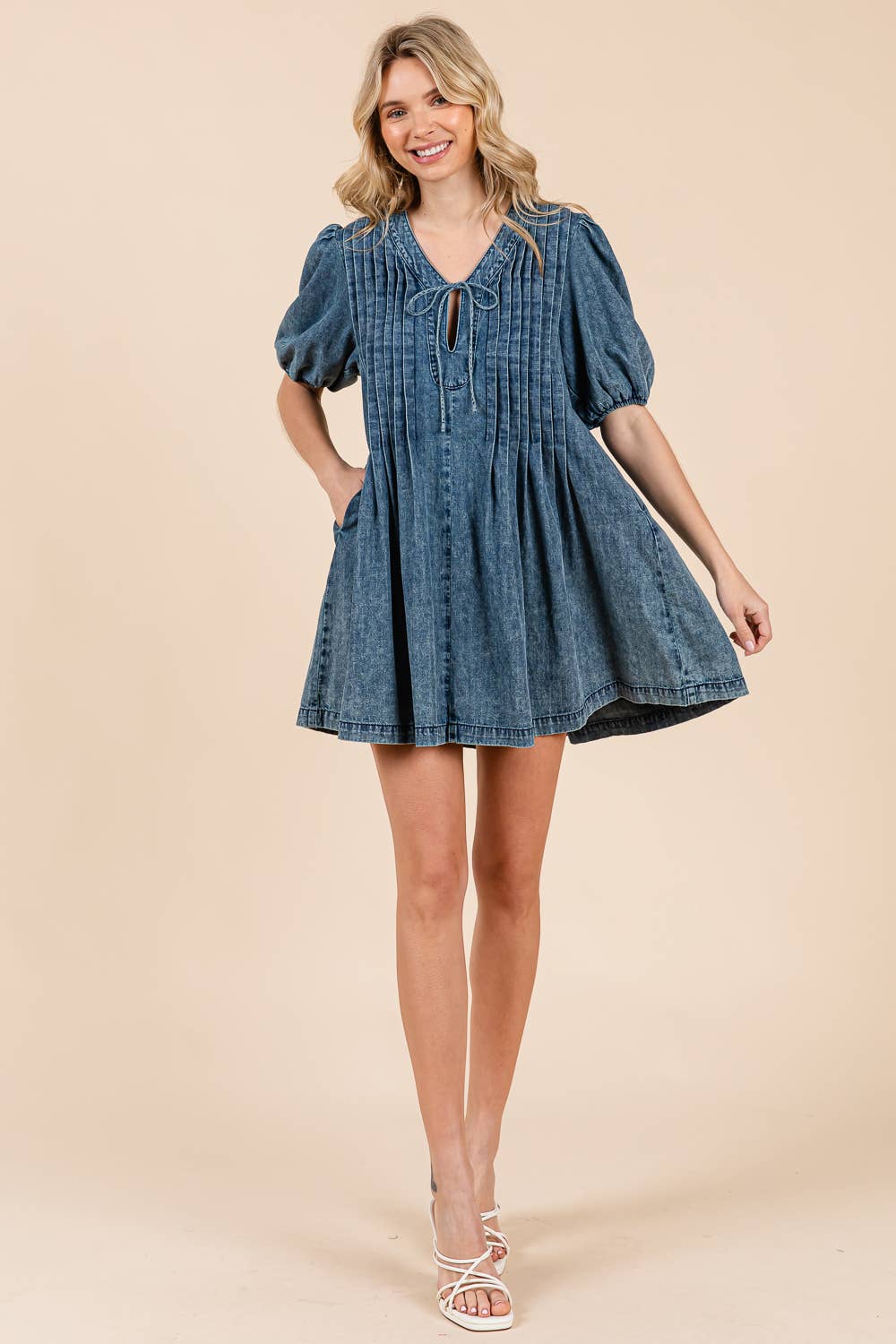 Loose-Fit Denim Pleated Mini Dress,
