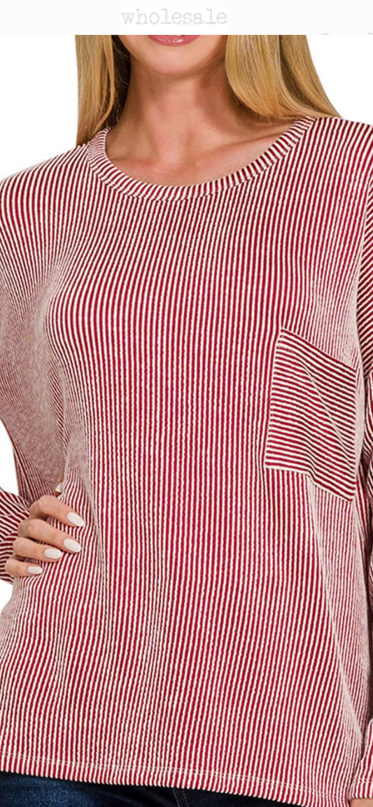 Red ribbed pocket top