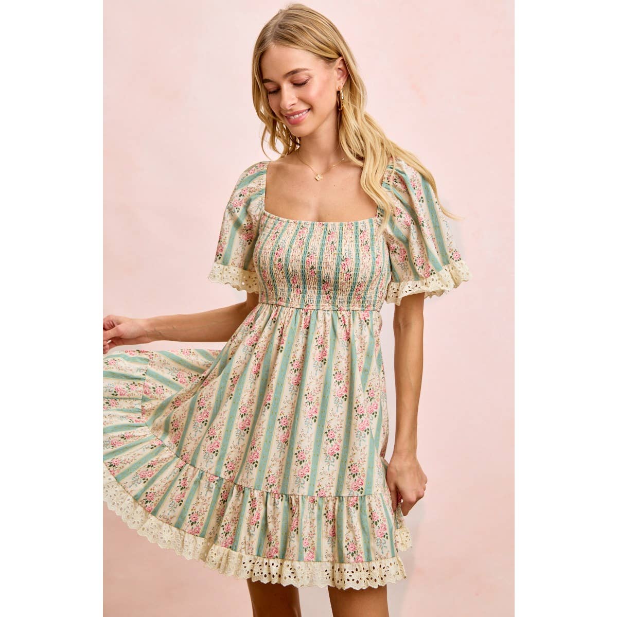 STRIPED FLORAL PRINT SMOCKED DRESS WITH TRIM
