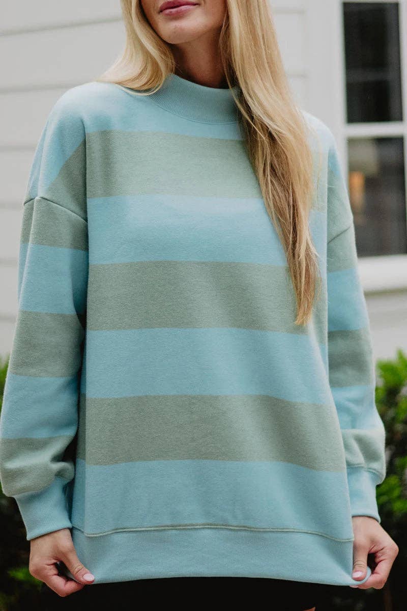 Katydid - Aqua and Green Striped Mockneck Sweatshirt Women
