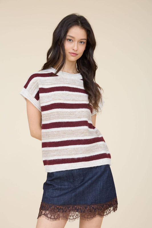 Blu Pepper - MARLED STRIPE SHORT SLEEVE RAW EDGE KNIT SWEATER