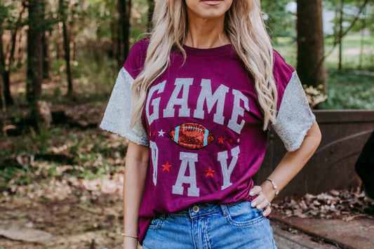 Sequins Embroidery Game Day Tee (Burgundy):
