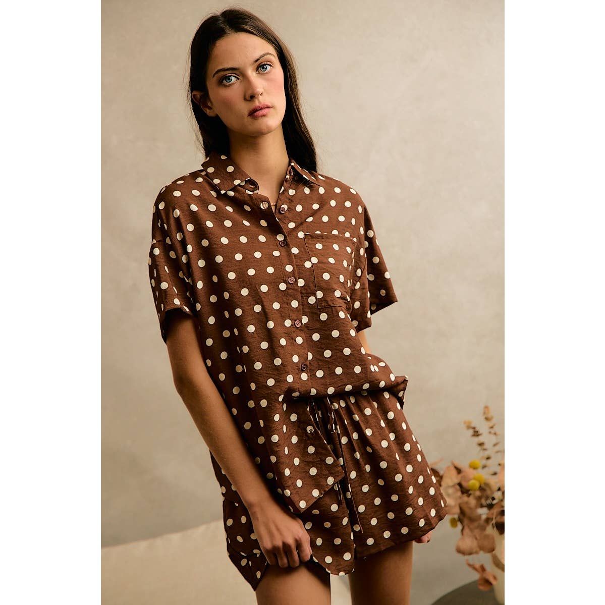 POLKA DOT LINEN SHORT SLEEVE SHIRT