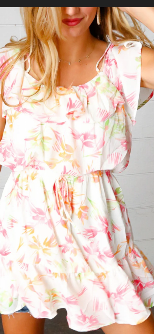 Fuchsia cream tropical peekaboo sleeve dress