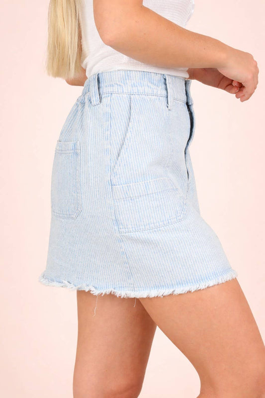 Mineral Washed Denim Striped Casual Mini Skirt