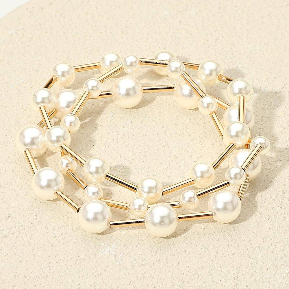 3PCS - Pearl Metal Bar Beaded Stretch Multi Layered Bracelets
