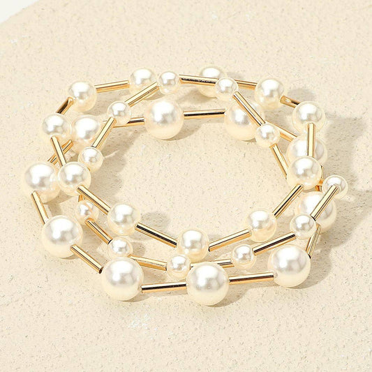 3PCS - Pearl Metal Bar Beaded Stretch Multi Layered Bracelets