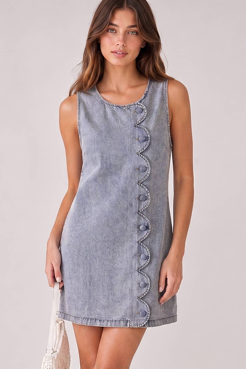 -Scallop Button Washed Denim Mini Dress