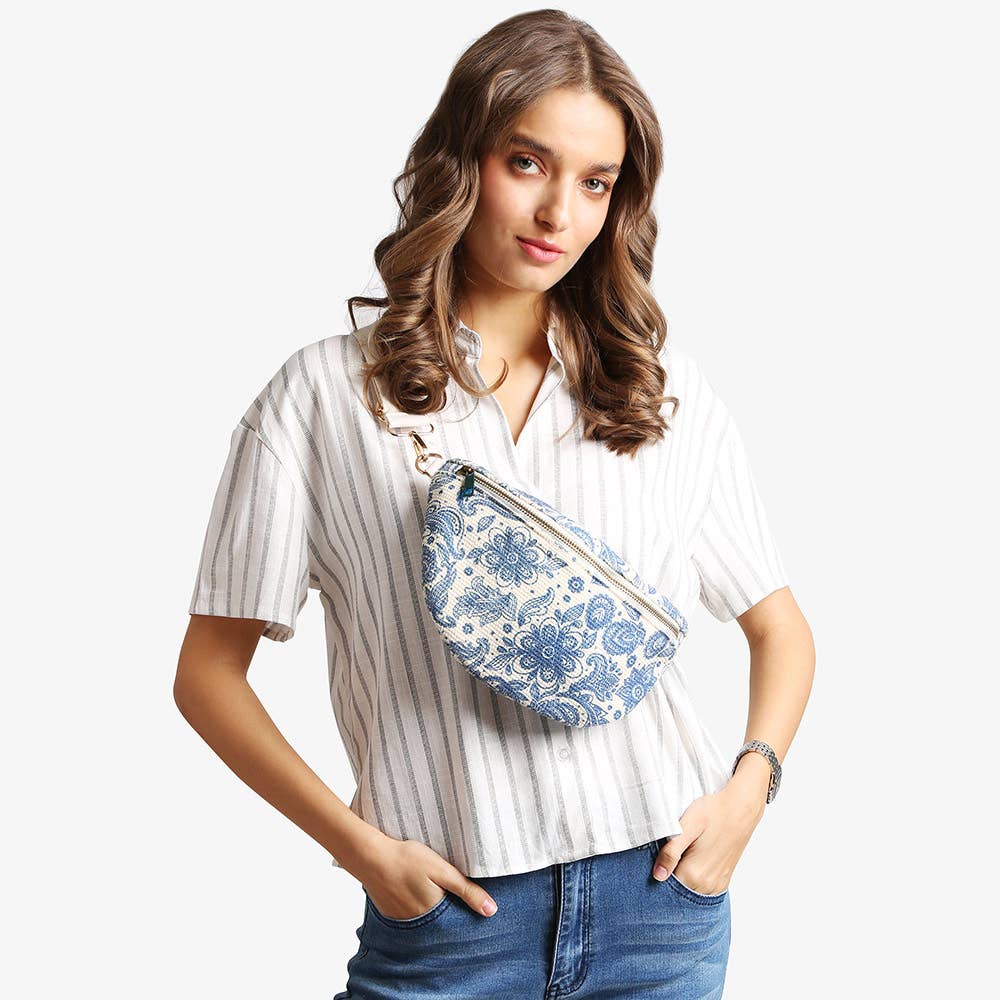 Boho Abstract Embroidered Crossbody Belt Bag / Fanny Pack: PINK GREEN