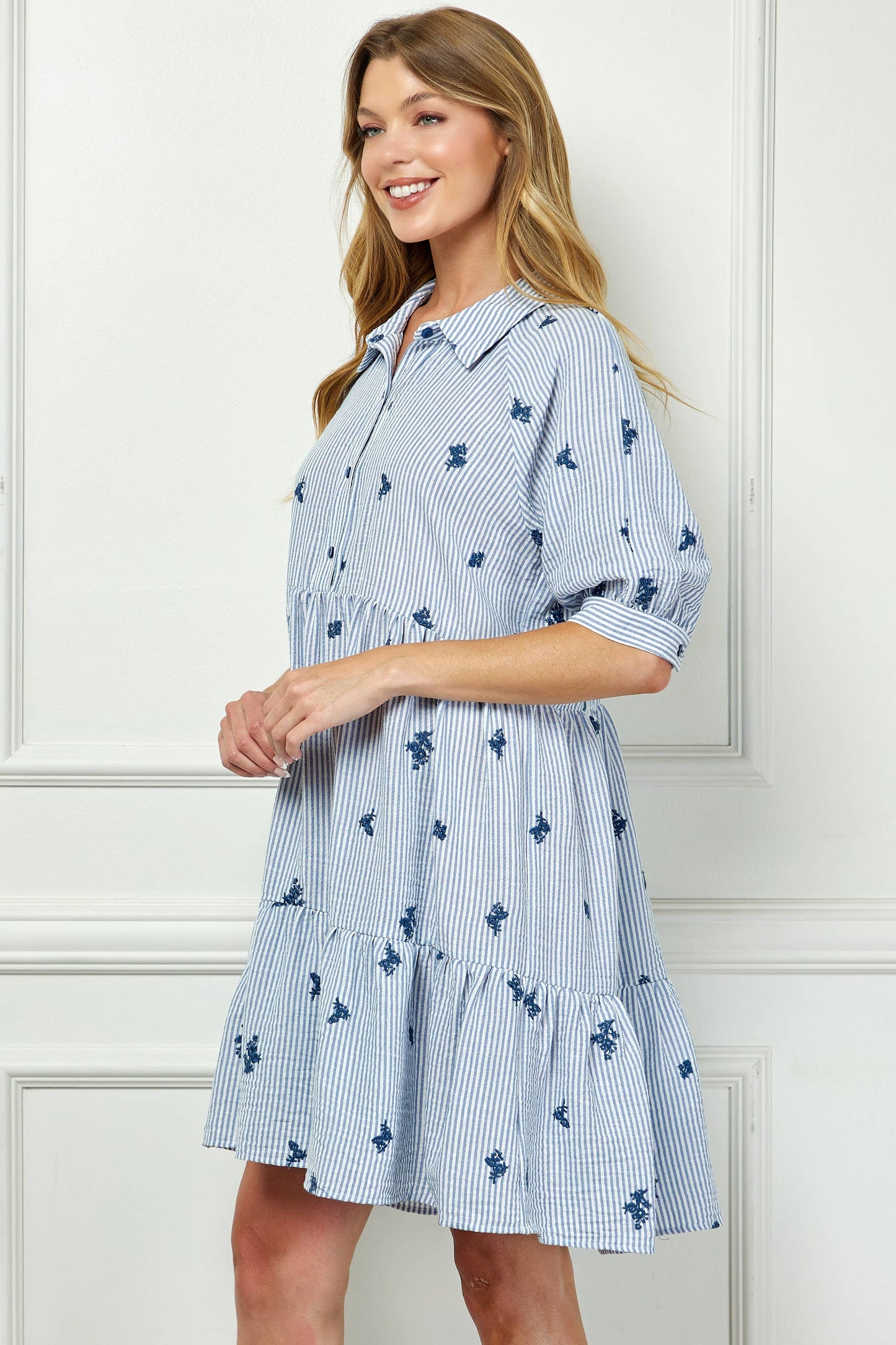 Embroidered stripped collard dress