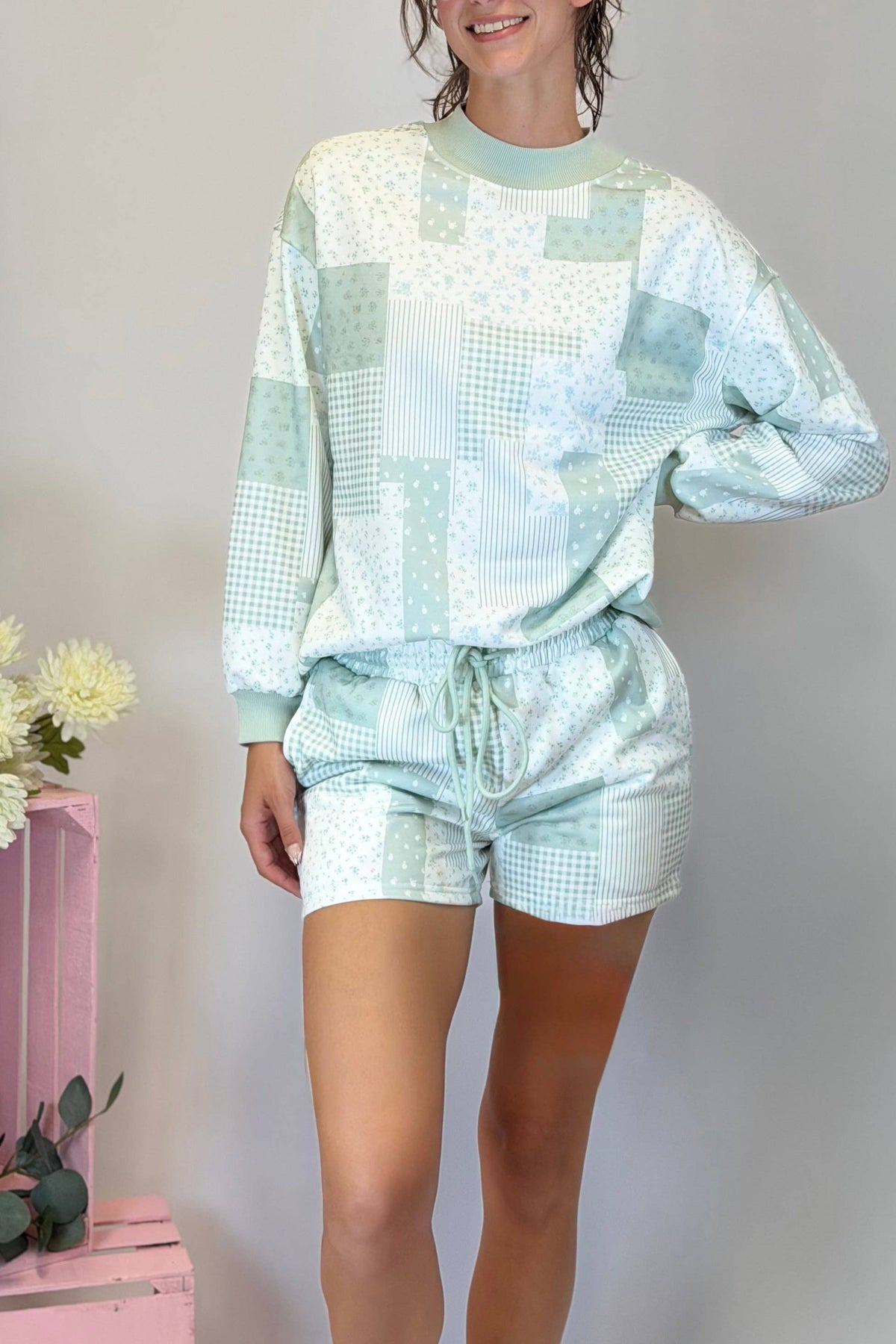 Prissy Patchwork Mock Neck Short Set