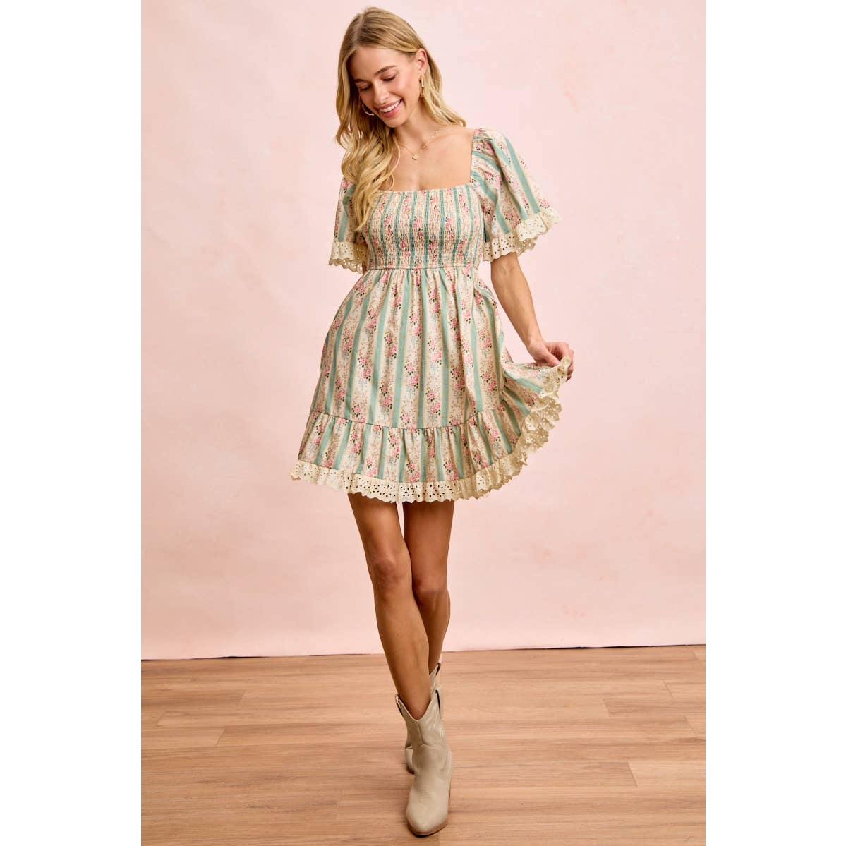 STRIPED FLORAL PRINT SMOCKED DRESS WITH TRIM