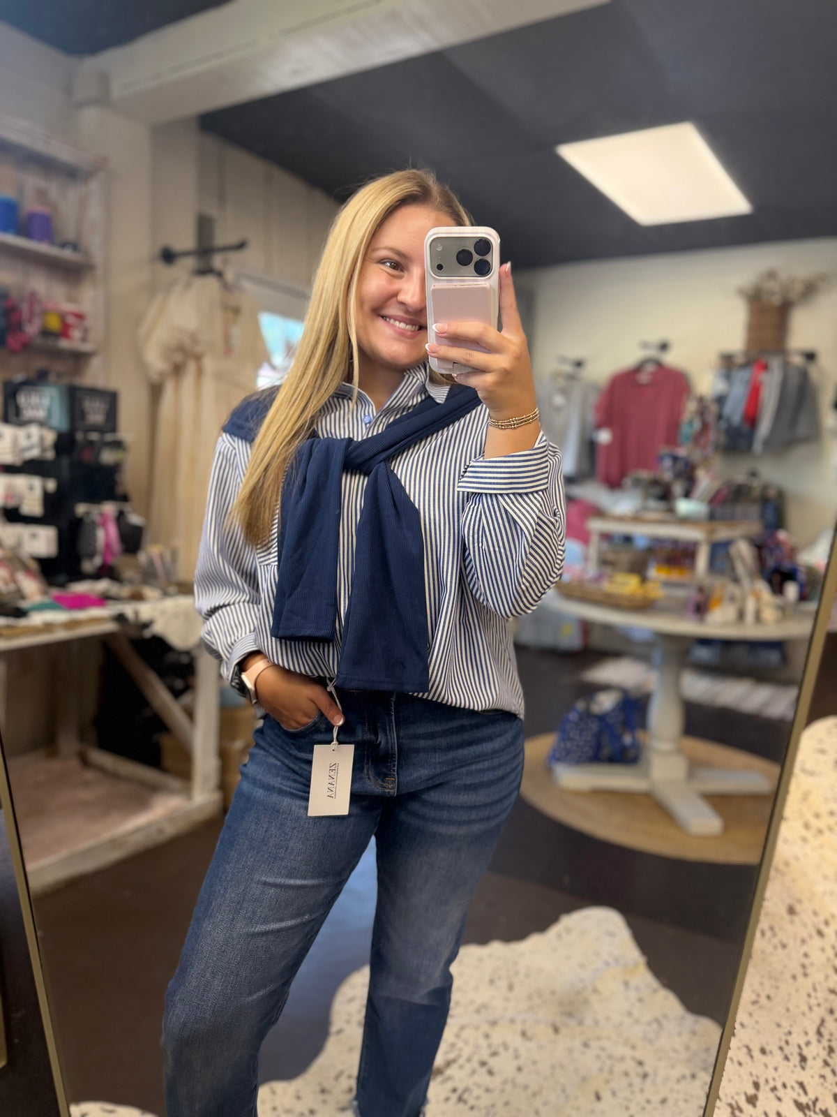Striped Button-Up Shirt With Faux Tie