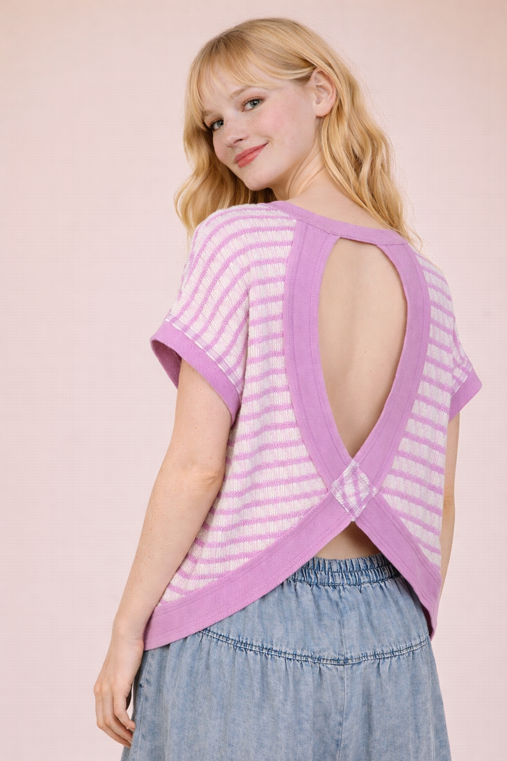 Open Back Striped Textured Knit Top