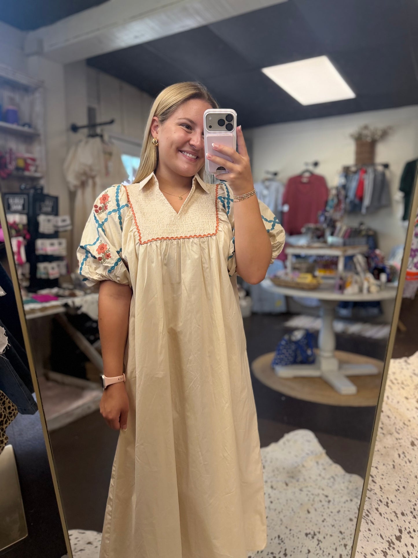 Embroidered puff sleeve smock dress with pockets