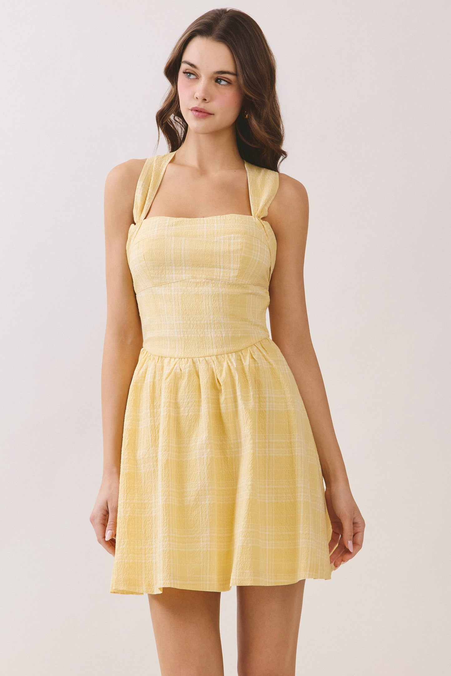 Yellow Plaid Smocked Back Fit and Flare Mini Dress