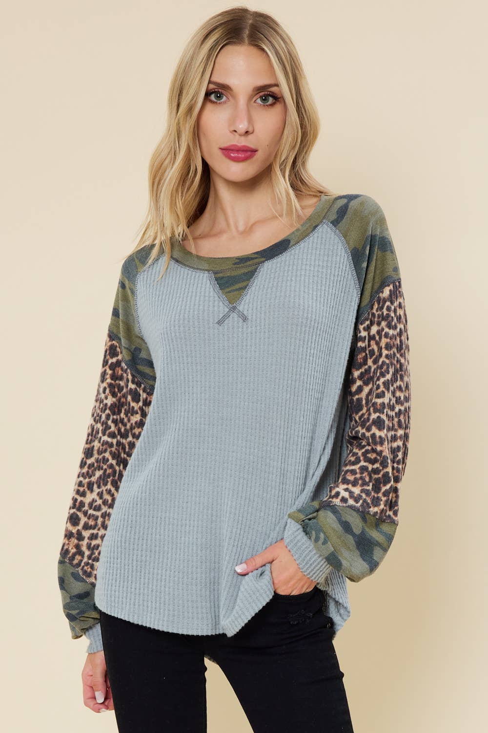 SOLID WAFFLE TOP FEATURING CAMO AND ANIMAL PRINT