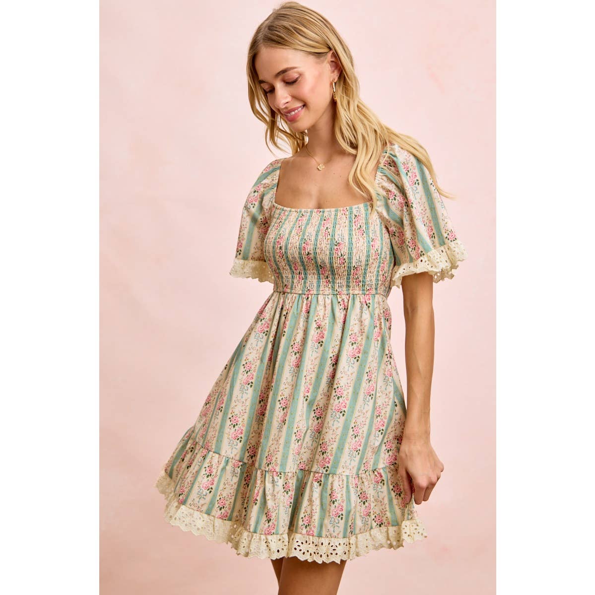STRIPED FLORAL PRINT SMOCKED DRESS WITH TRIM