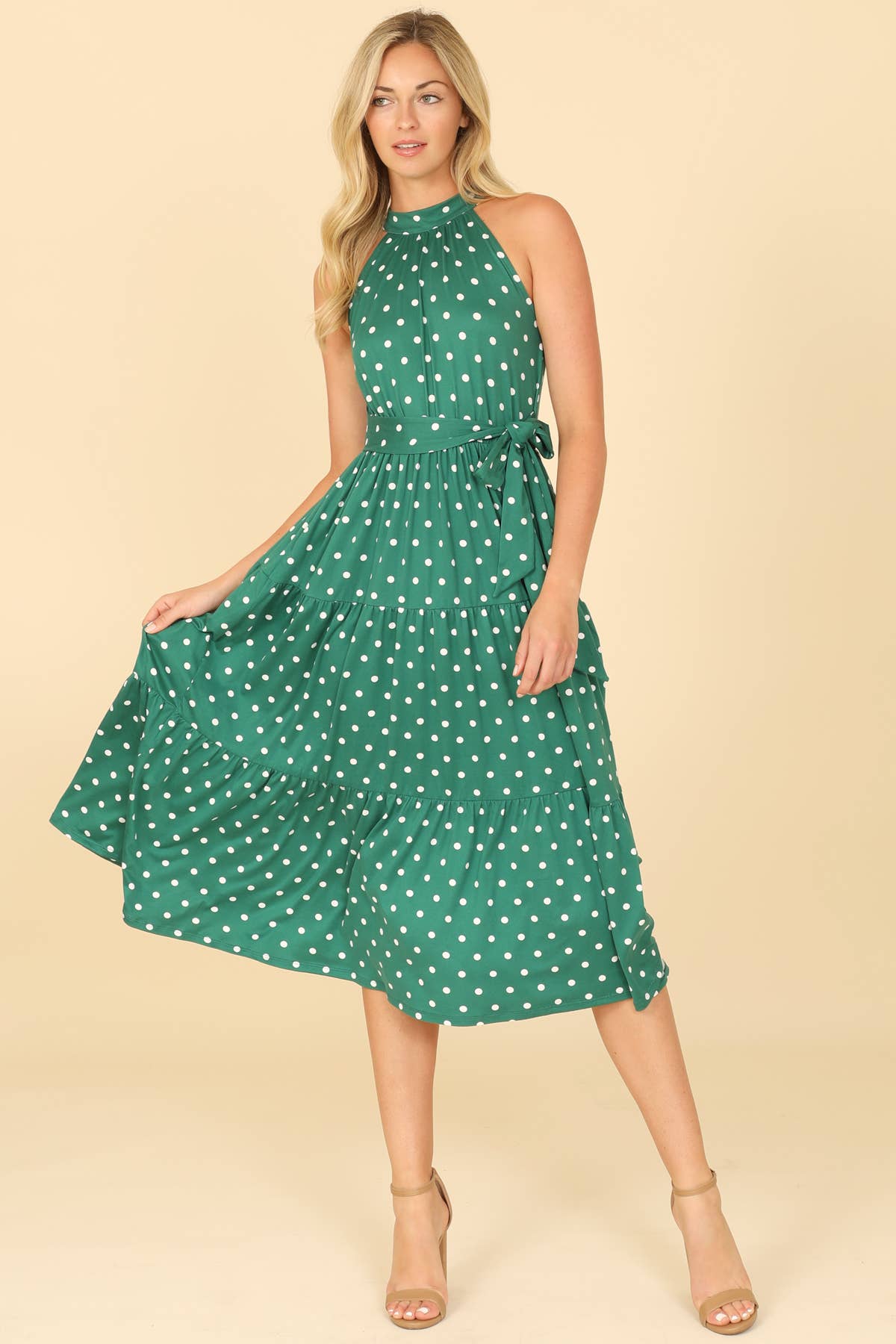 HIGH NECK HALTER WAIST TIE TIERED MIDI 👗