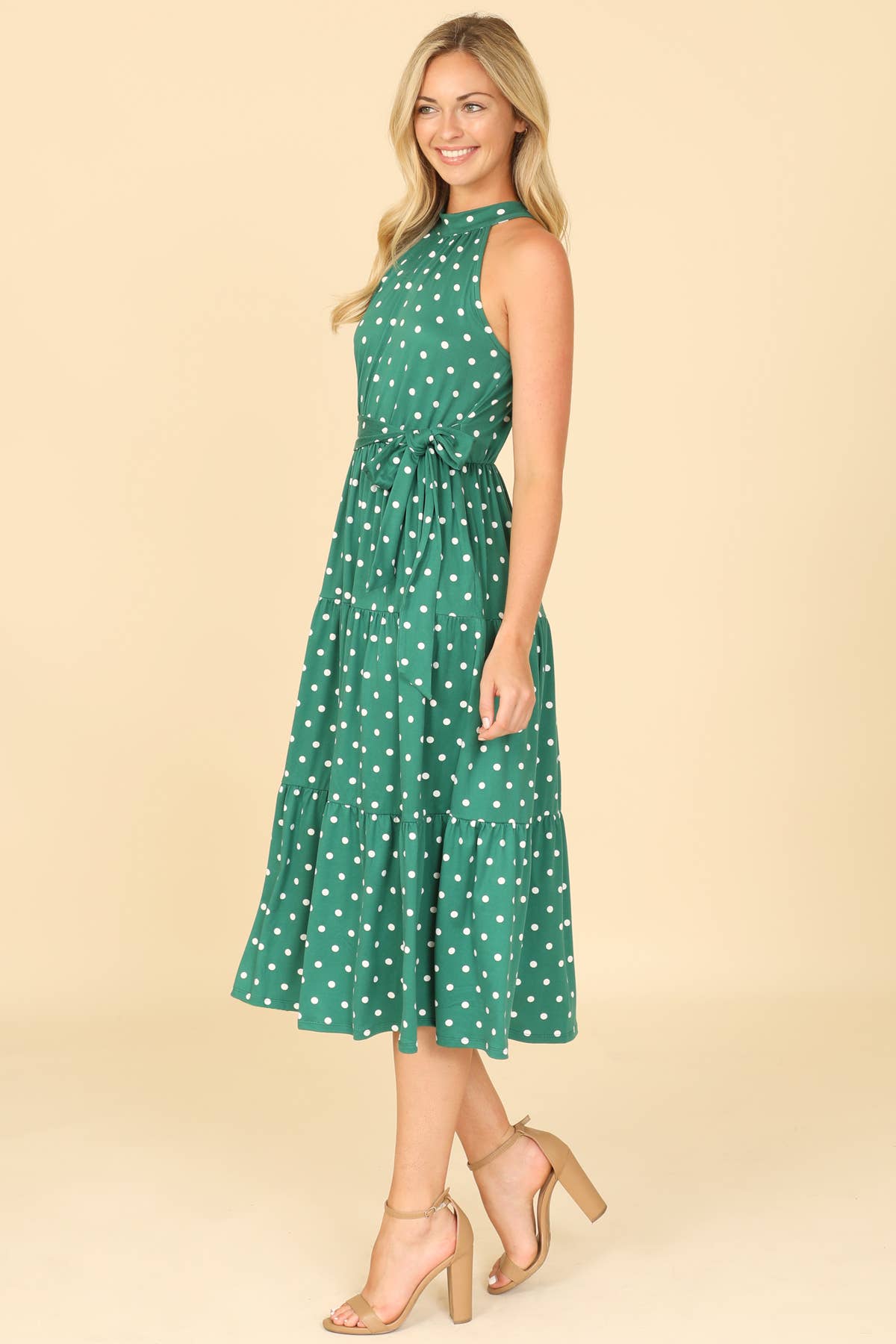 HIGH NECK HALTER WAIST TIE TIERED MIDI 👗
