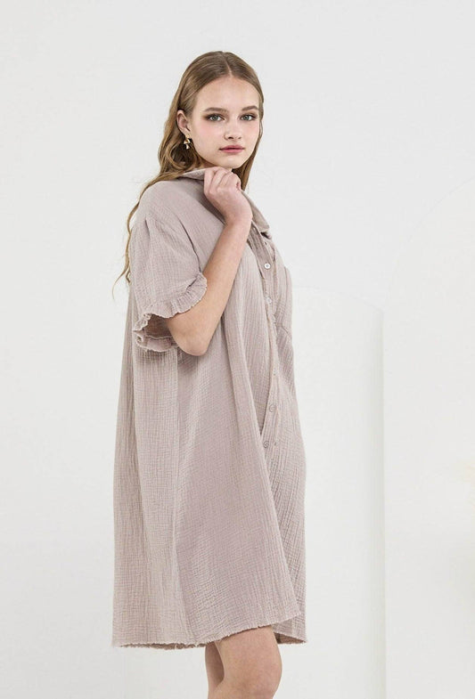 Frayed Edges Breezy Button down Shirt Dress - Taupe