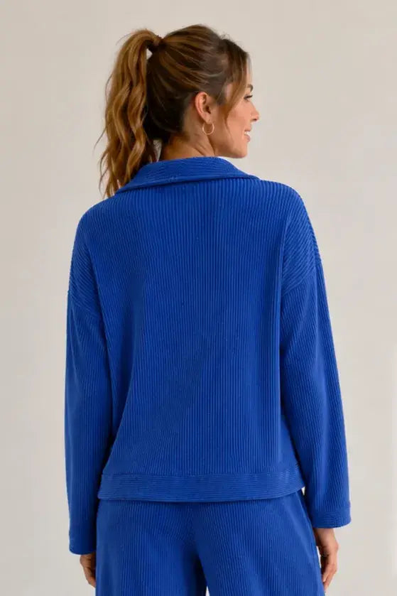 Ribbed Johnny Collar Drop Shoulder Top