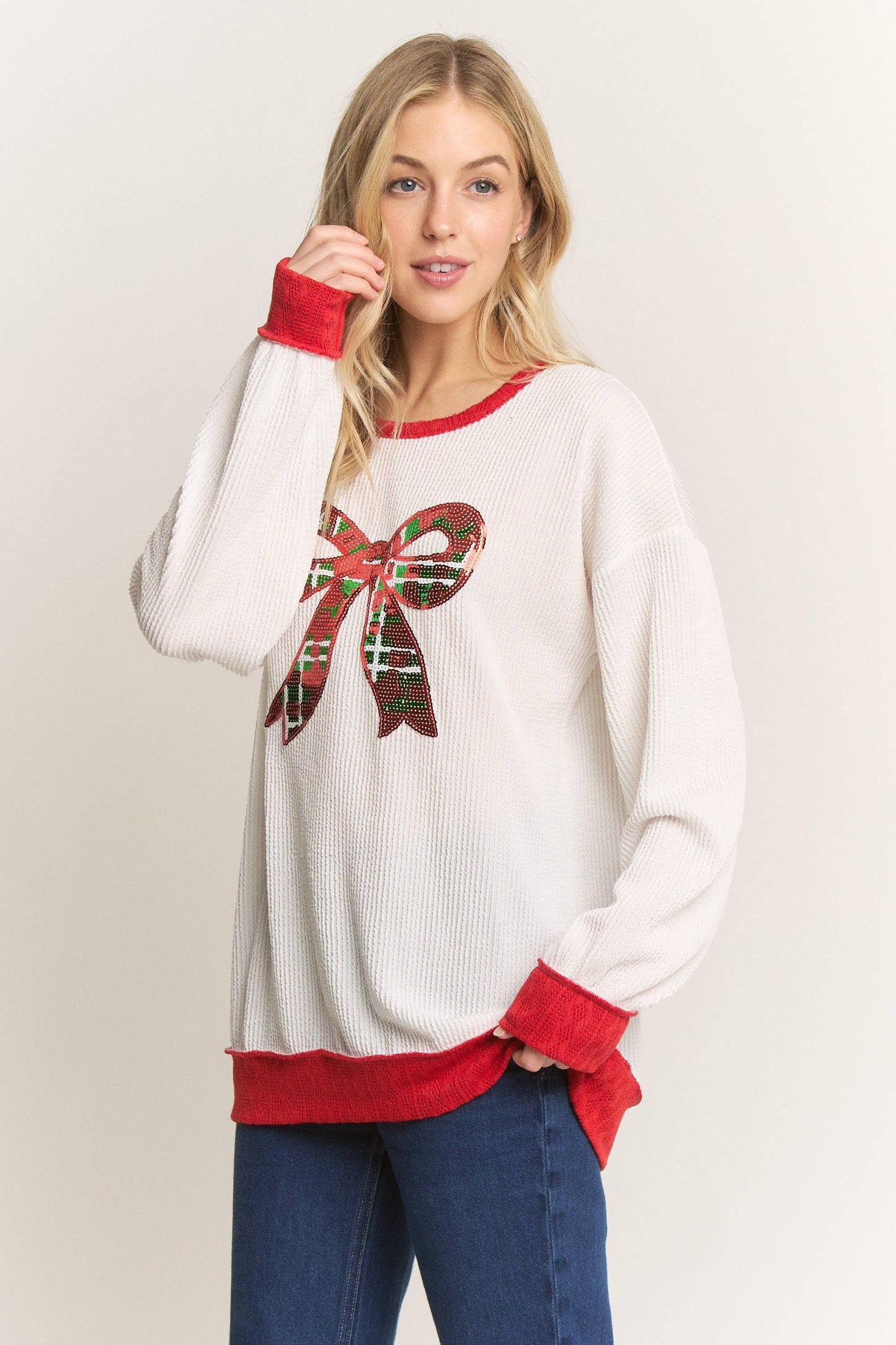 White ribbed sequin bow top