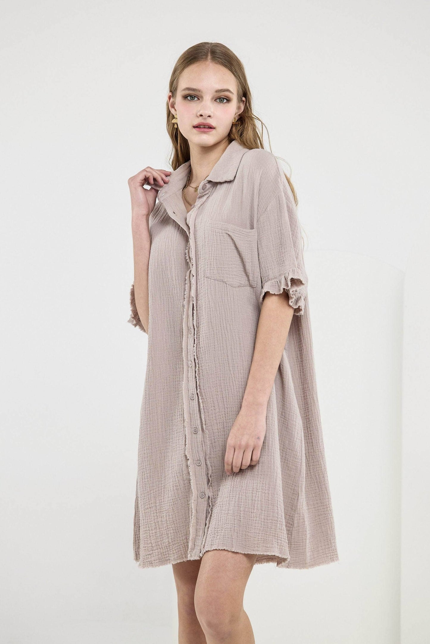 Frayed Edges Breezy Button down Shirt Dress - Taupe