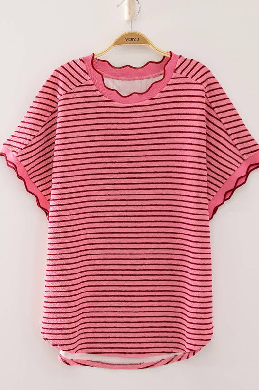Scallop Trim Stripe Knit Top