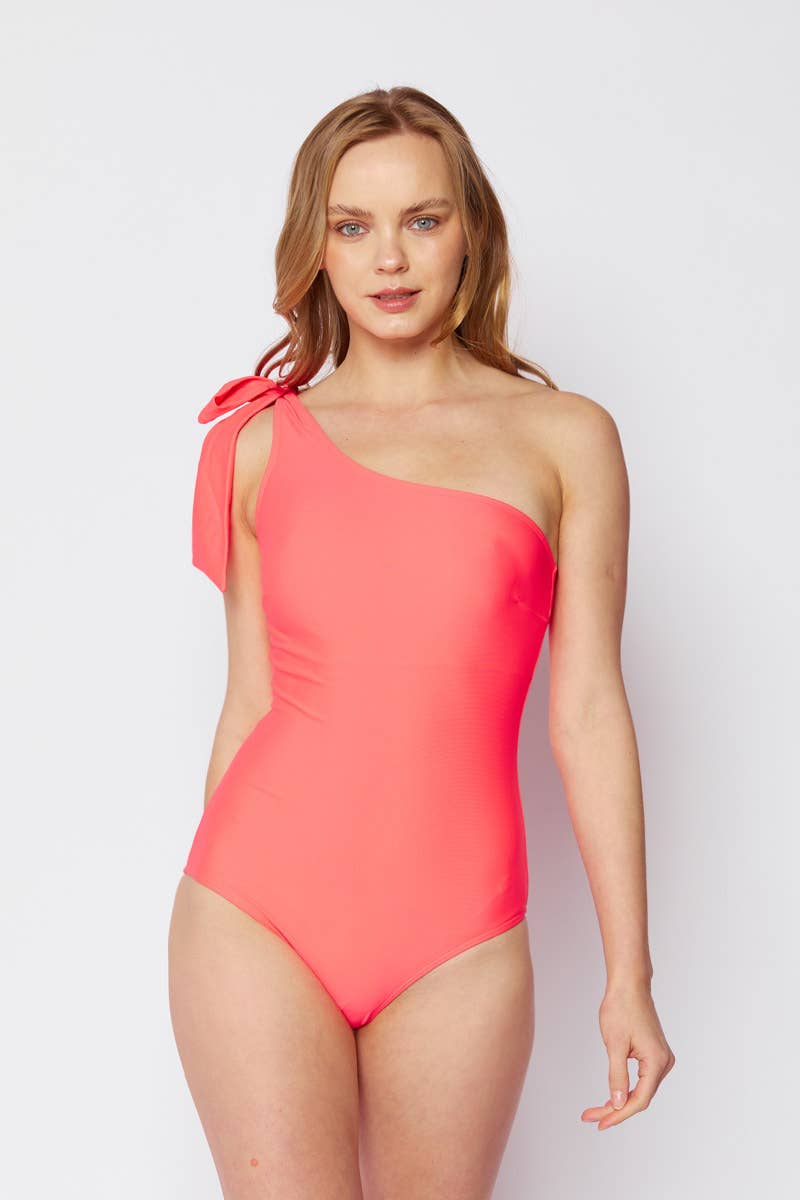 One-Off Shoulder with Tie Ribbon Neon Coral