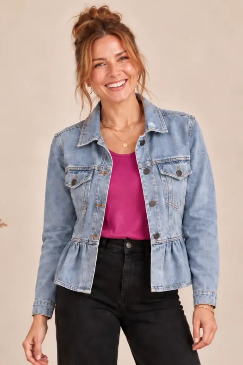 PEPLUM HEM BUTTON FRONT DENIM JACKET
