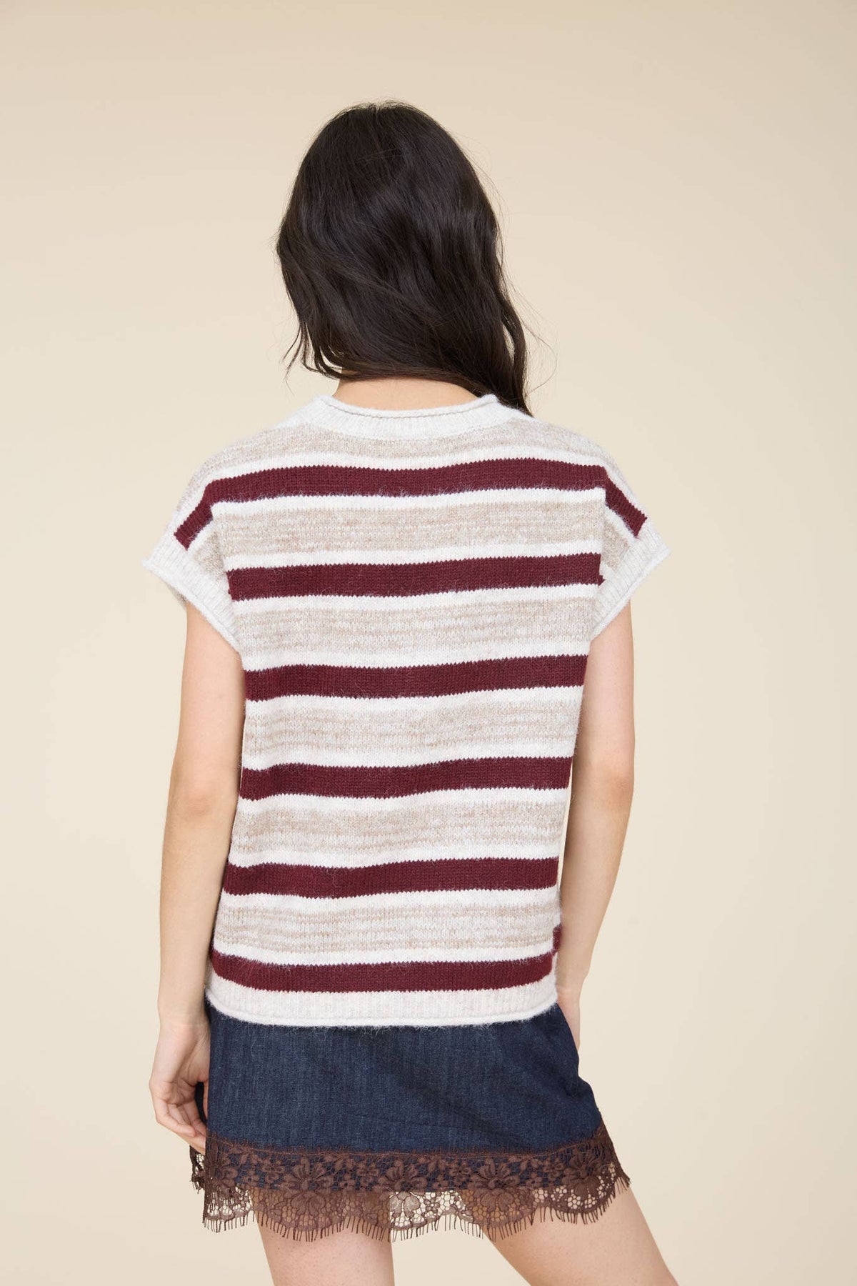 Blu Pepper - MARLED STRIPE SHORT SLEEVE RAW EDGE KNIT SWEATER