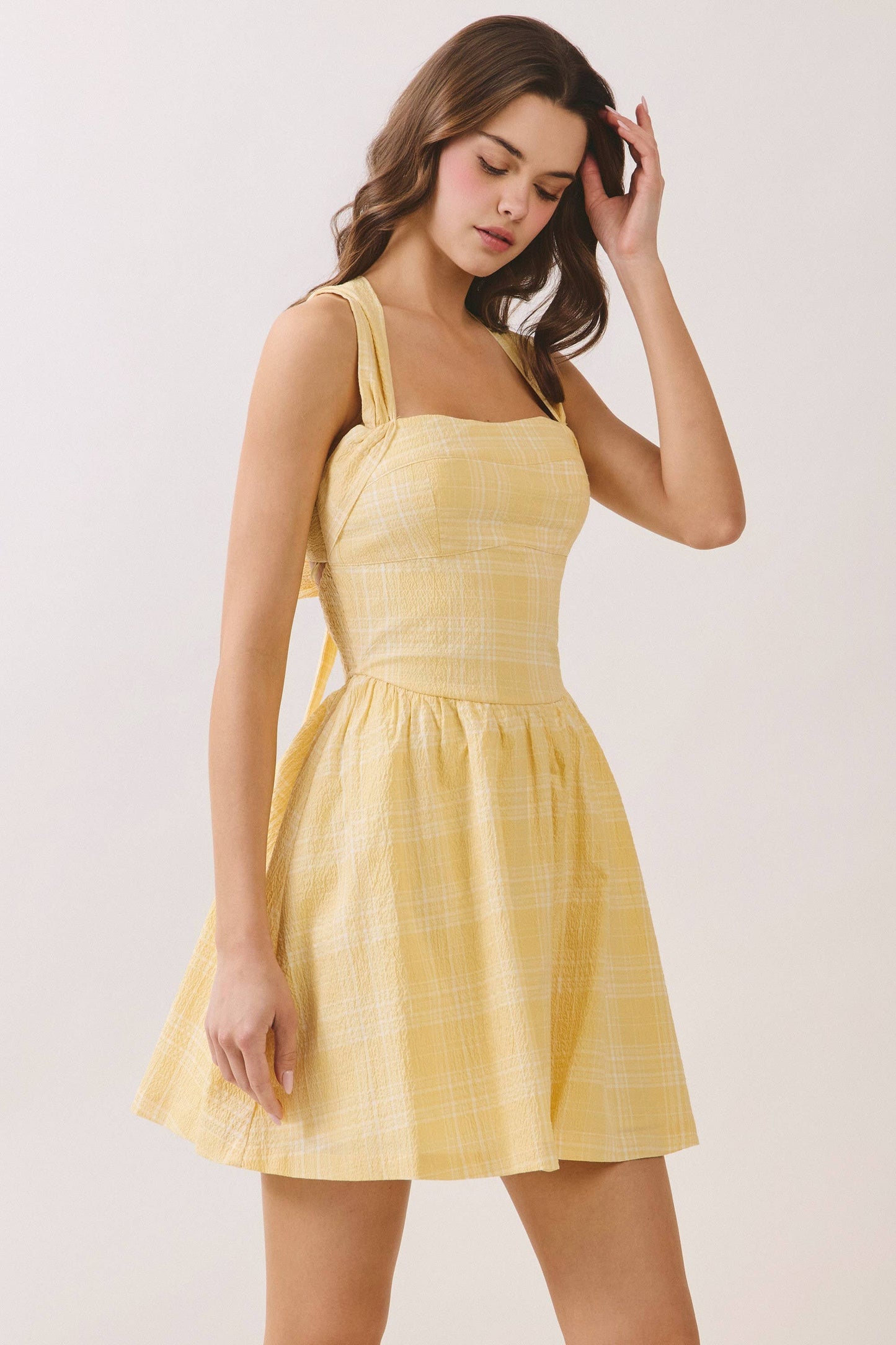 Yellow Plaid Smocked Back Fit and Flare Mini Dress
