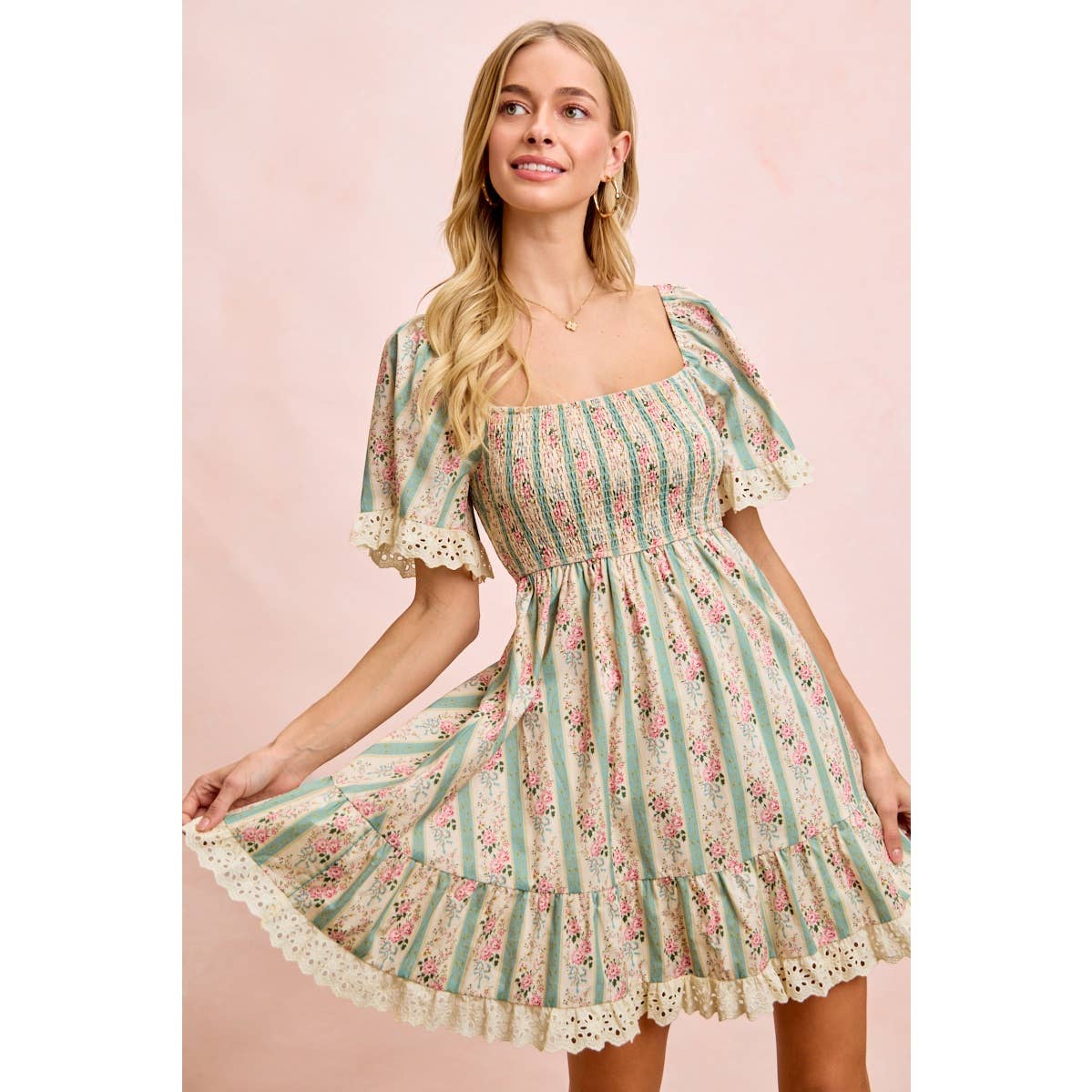 STRIPED FLORAL PRINT SMOCKED DRESS WITH TRIM