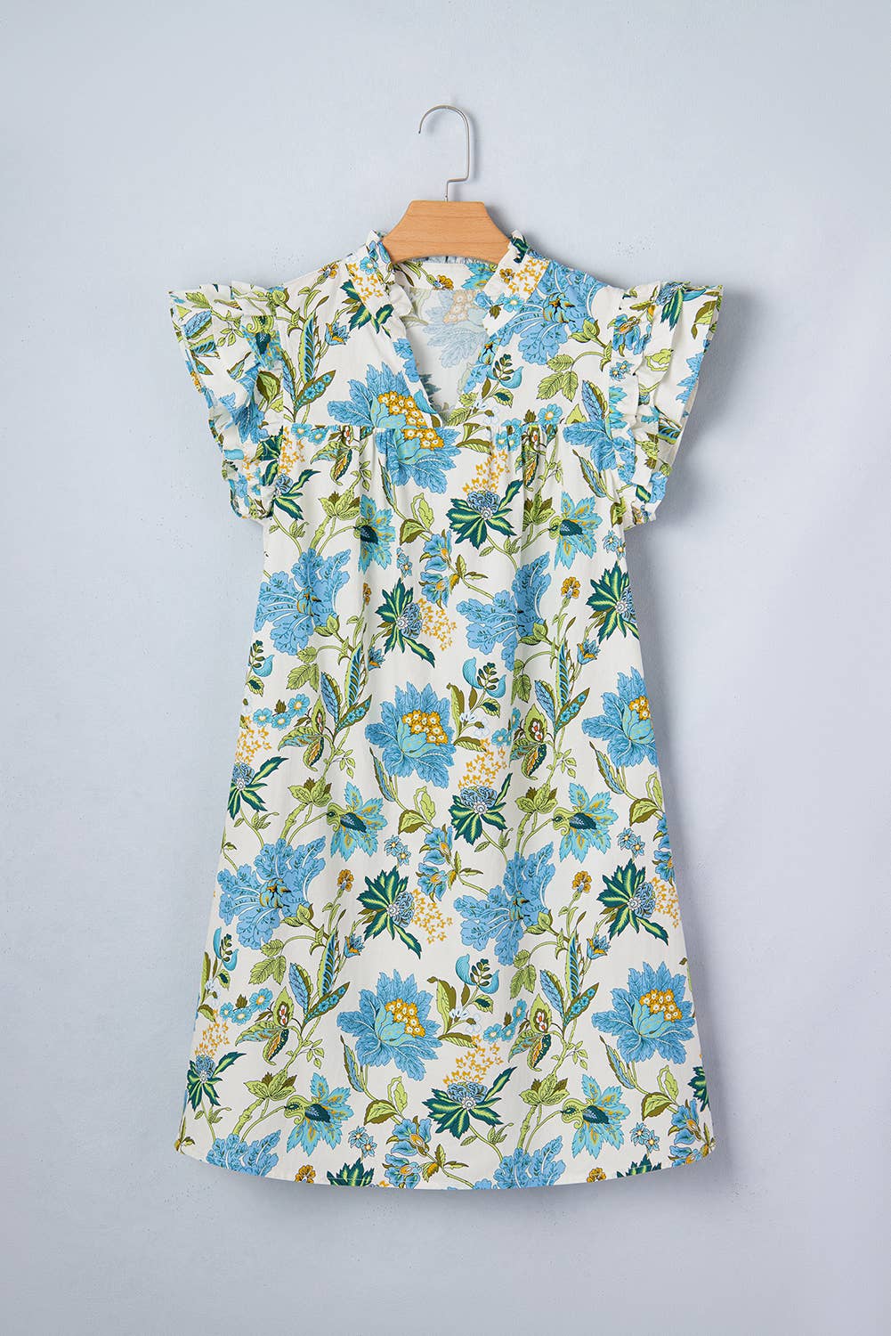 Floral V Neck Triple Ruffle Short Sleeve Shift Dress