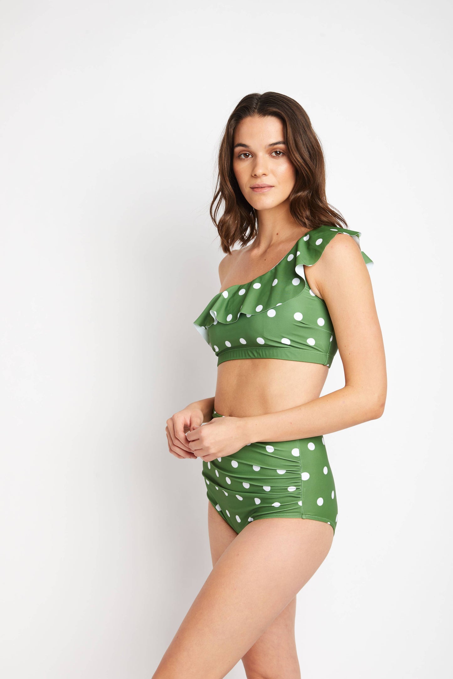 One-Shoulder High Waisted Bikini 2pcs-Olive Wht Dot