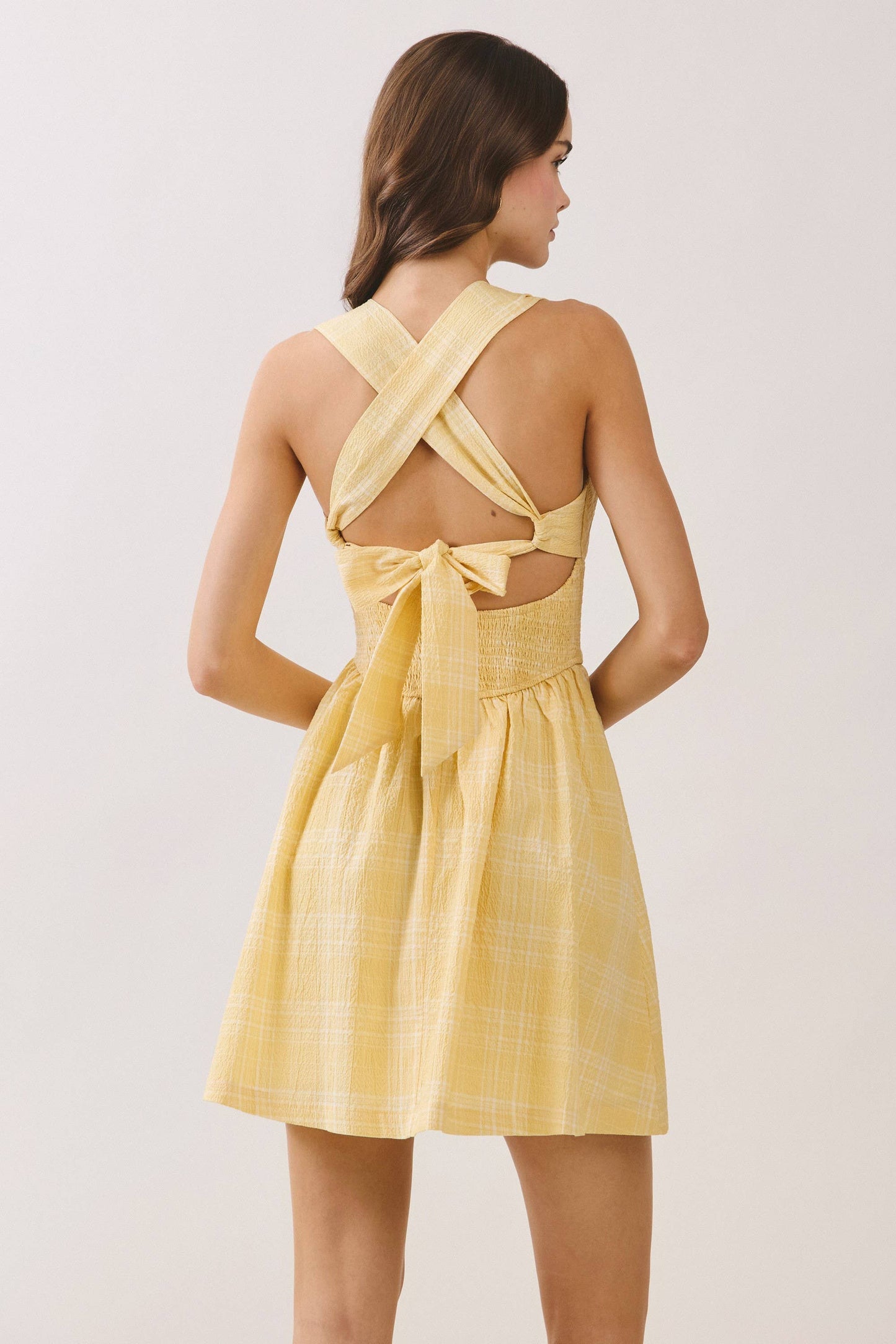 Yellow Plaid Smocked Back Fit and Flare Mini Dress