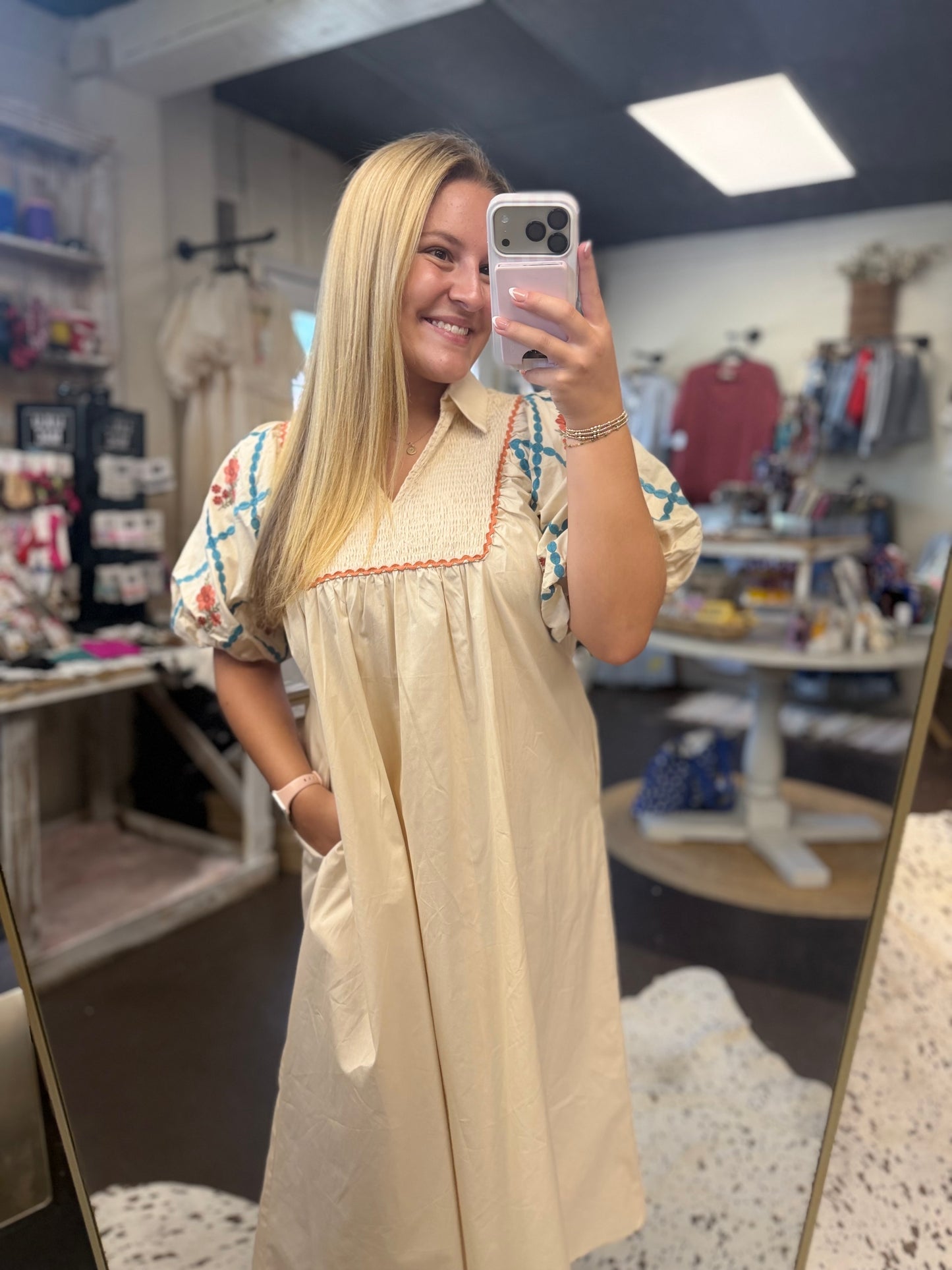 Embroidered puff sleeve smock dress with pockets