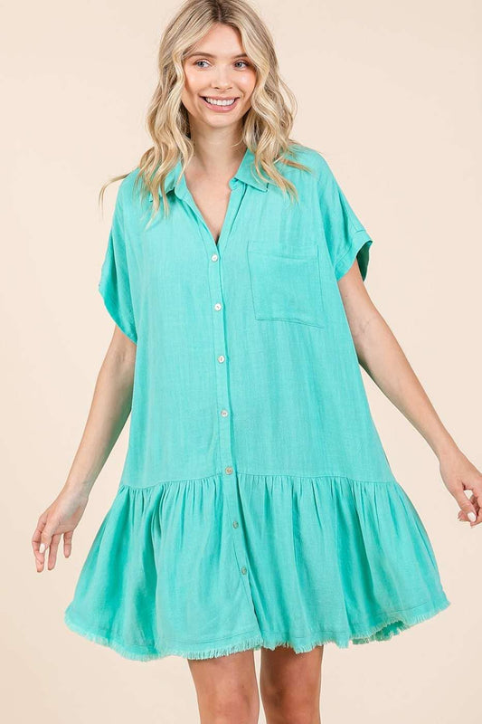 LINEN BLEND COLLARED BUTTON DOWN SHIRT MINI DRESS