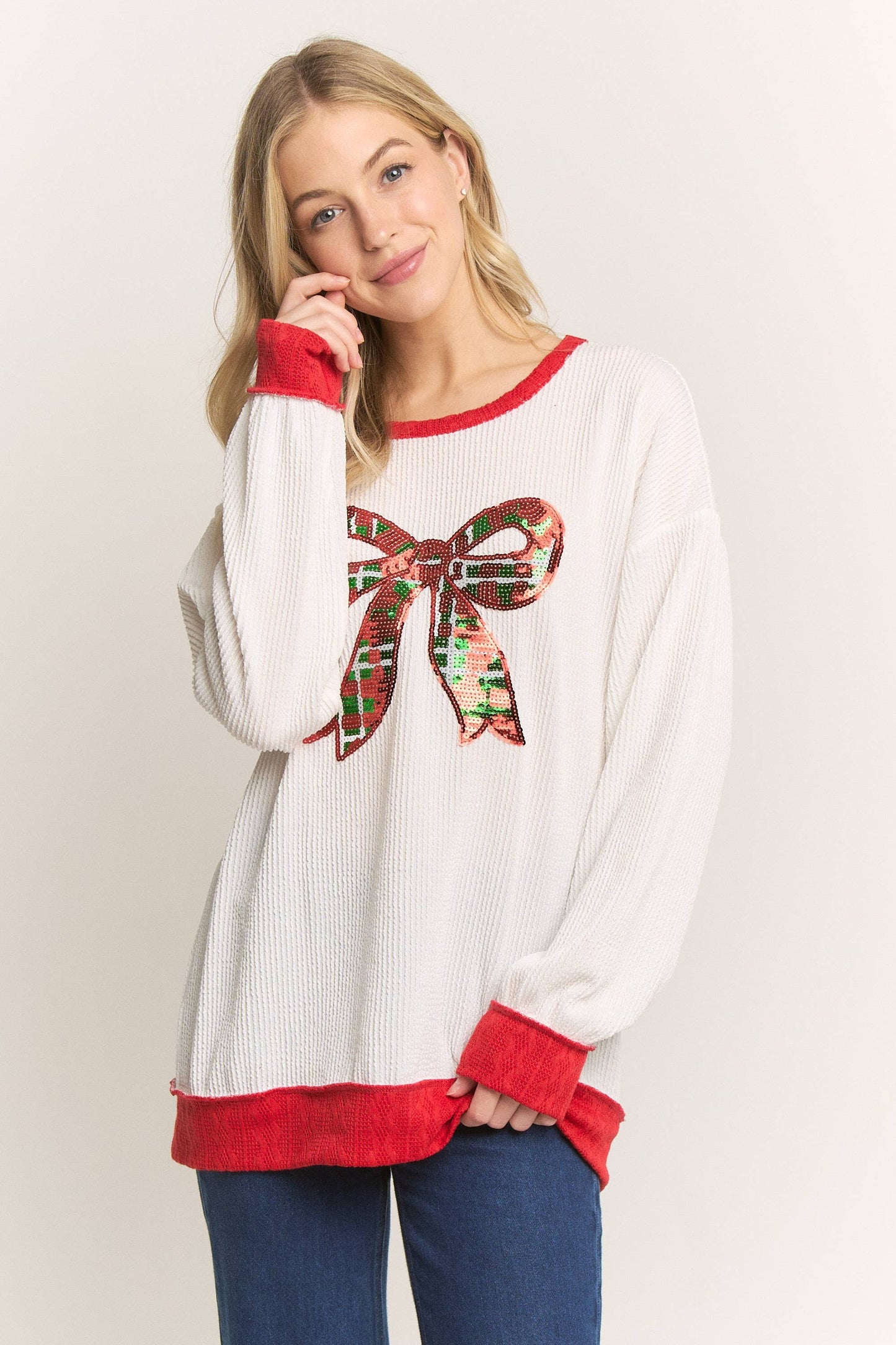 White ribbed sequin bow top