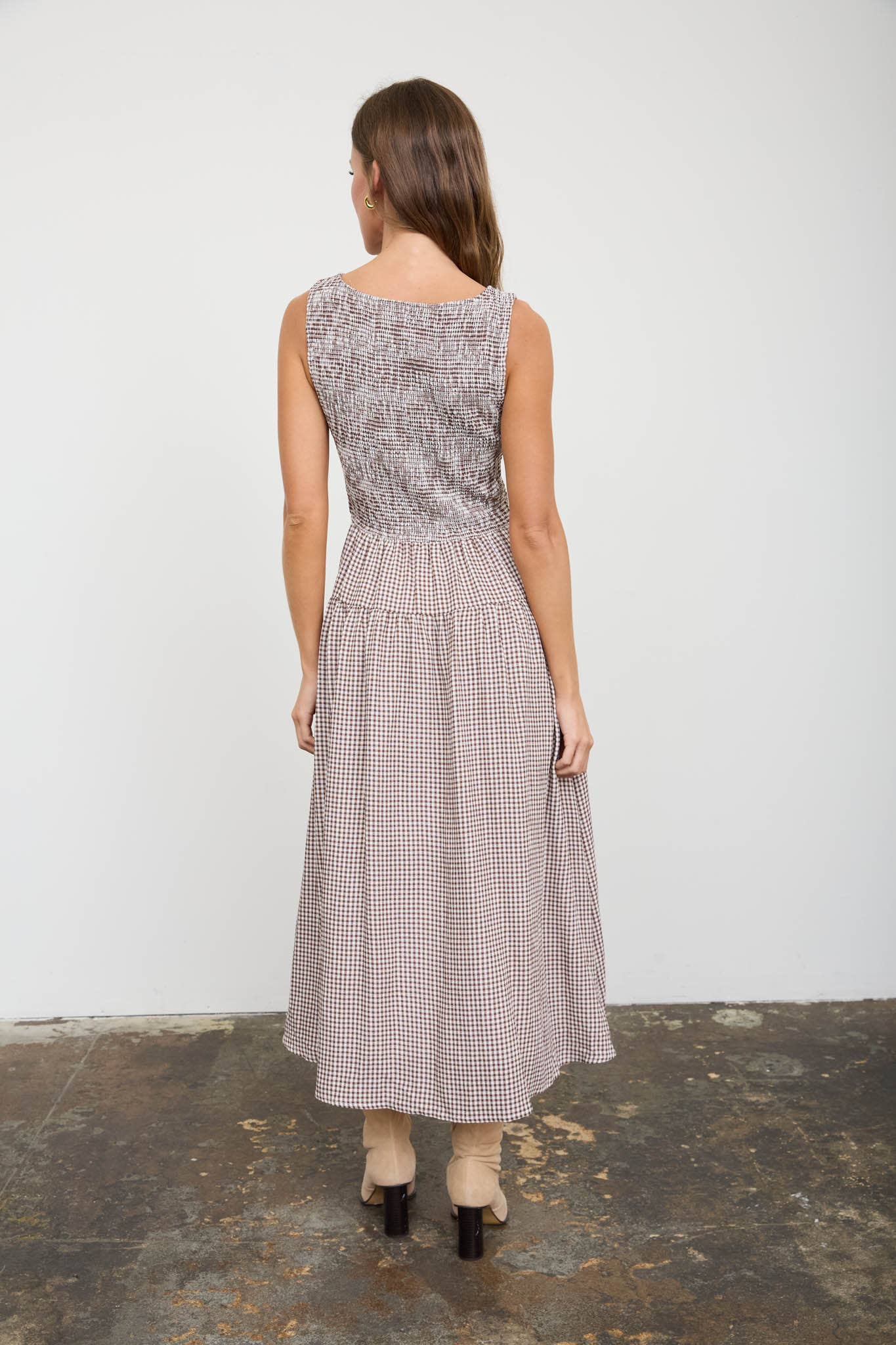 SMOCKED GINGHAM TIERED SLEEVELESS MIDI DRESS