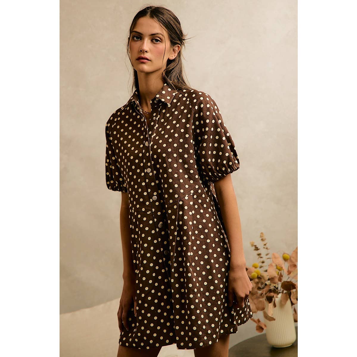 POLKA DOT TWILL PUFF-SLEEVE MINI DRESS