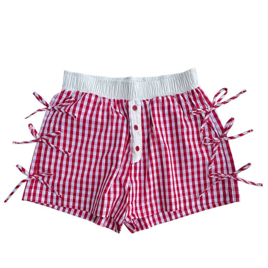 BUTTON BOW GINGHAM BOXER SHORTS RED