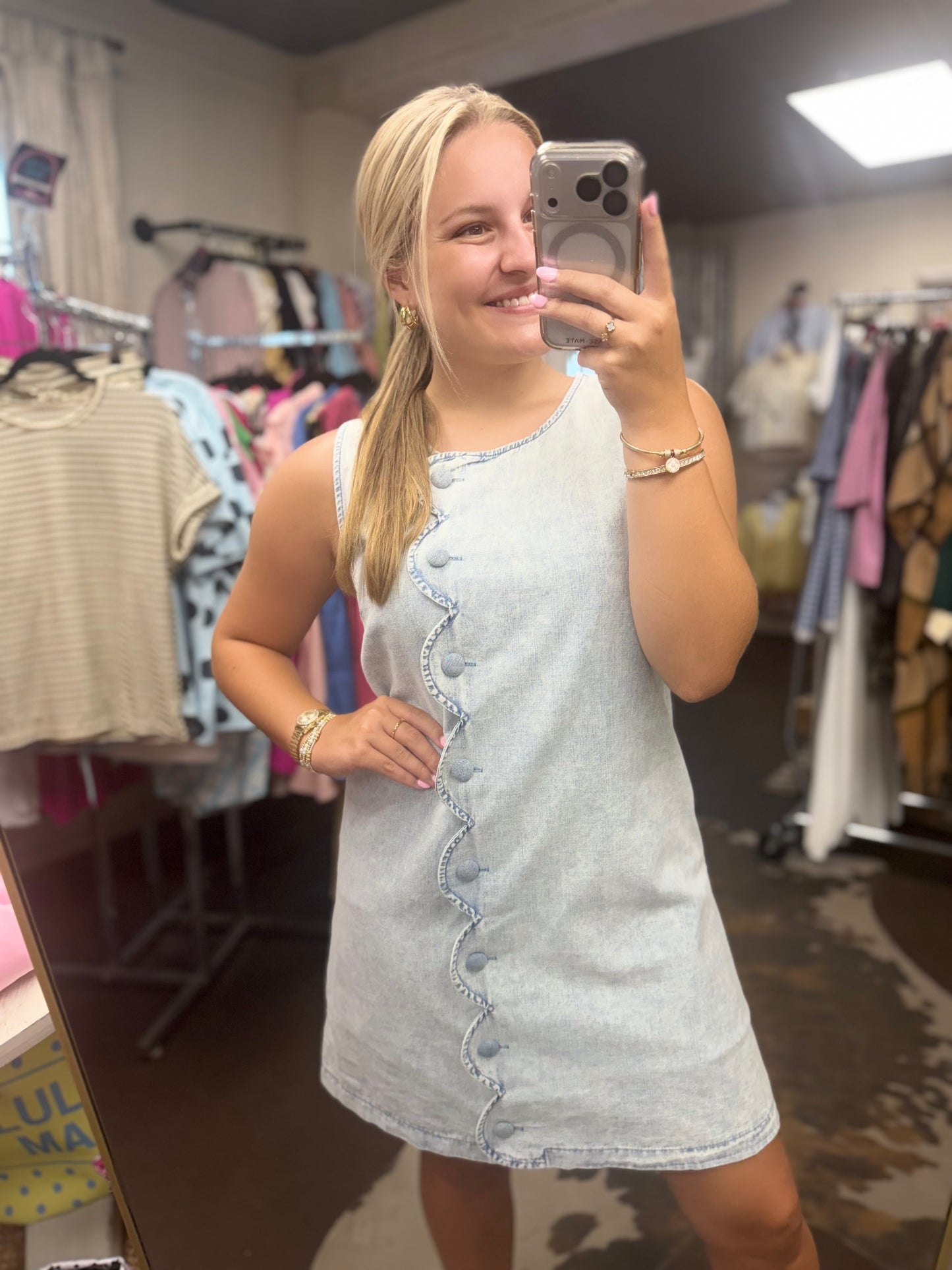 -Scallop Button Washed Denim Mini Dress
