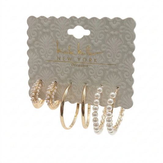 Set of 3 Hoops with High Polish and Pearl