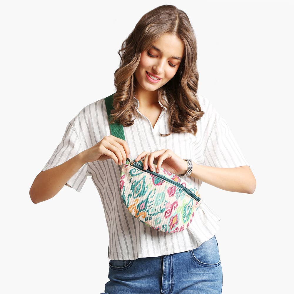 Boho Abstract Embroidered Crossbody Belt Bag / Fanny Pack: PINK GREEN