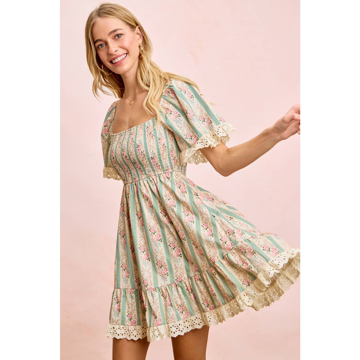 STRIPED FLORAL PRINT SMOCKED DRESS WITH TRIM