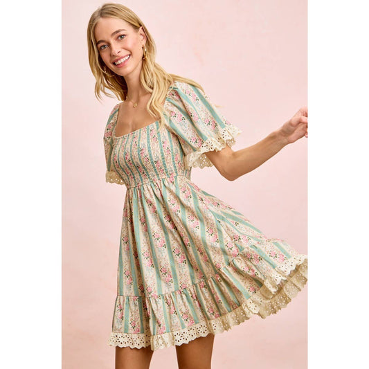 STRIPED FLORAL PRINT SMOCKED DRESS WITH TRIM