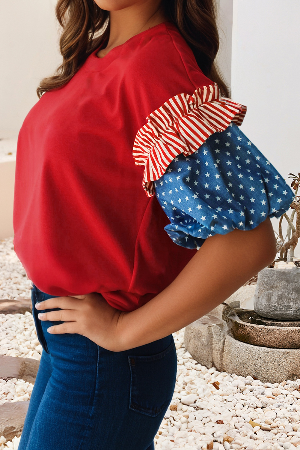 Stars Stripes Round Neck Short Puff Sleeve