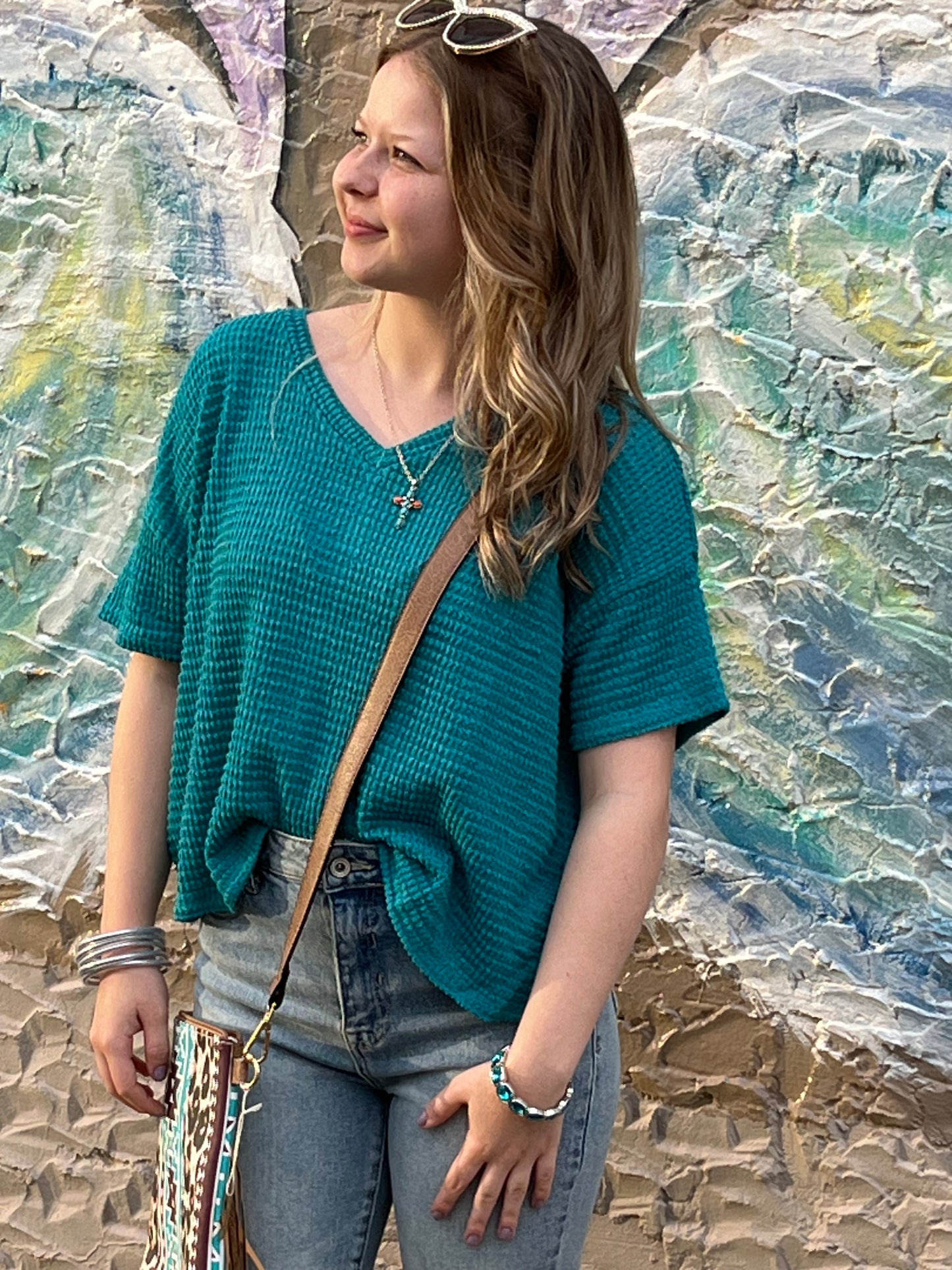 Teal waffle knit top